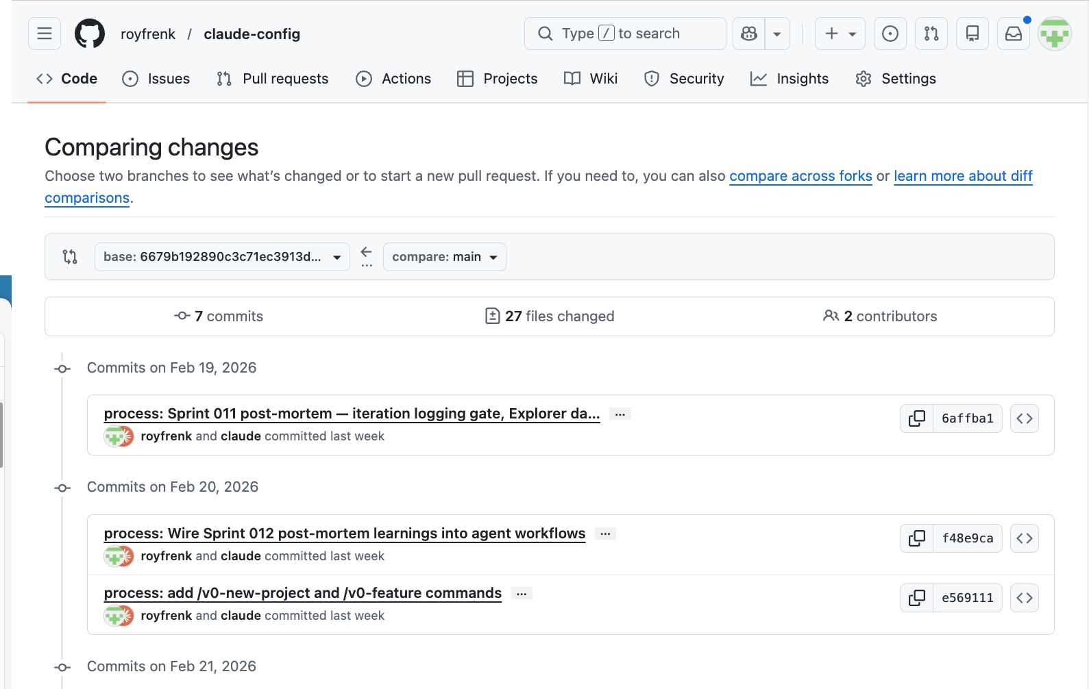 GitHub's "Comparing changes" view — commits, file diffs, and contributors at a glance