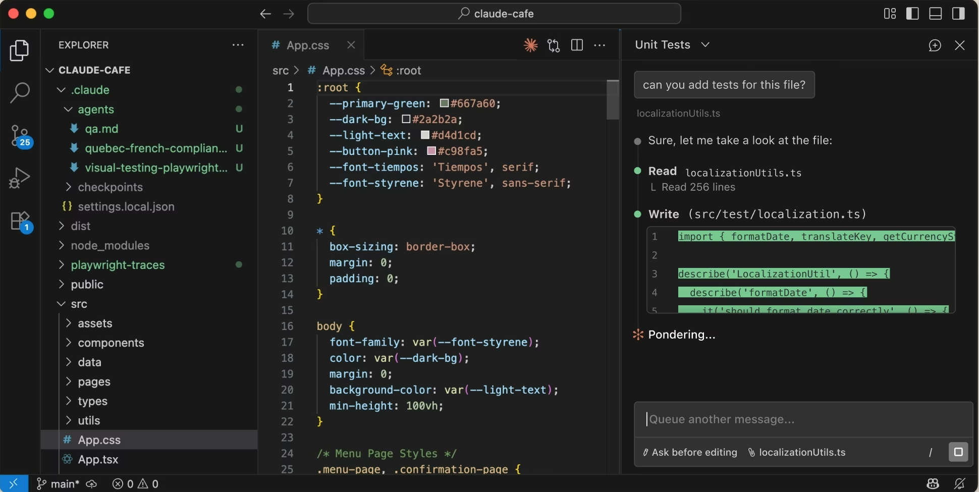 An IDE (VS Code) — files on the left, code in the middle, agent at the bottom